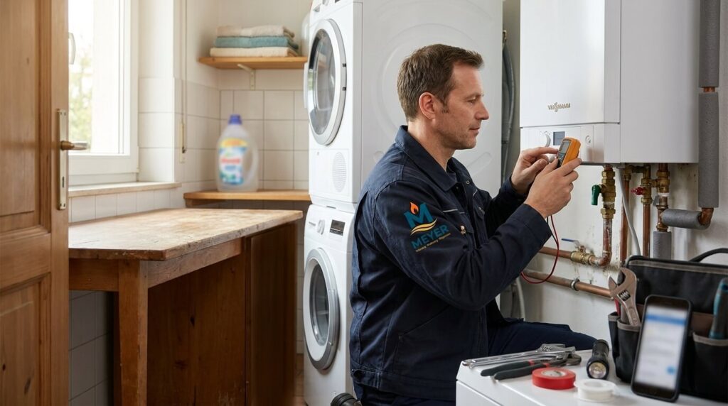 Heizungsinstallateur von Meyerheizung prüft eine Heizungsanlage