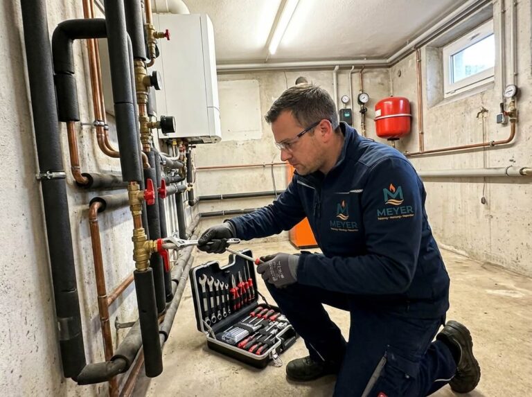 Heizungsinstallateur von Meyerheizung arbeitet an einer Heizungsanlage