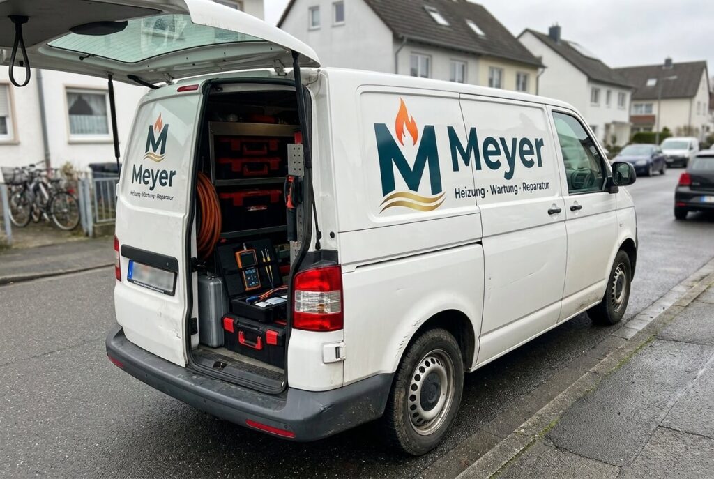 Gebrandetes Servicefahrzeug von Meyerheizung vor einem Wohngebäude