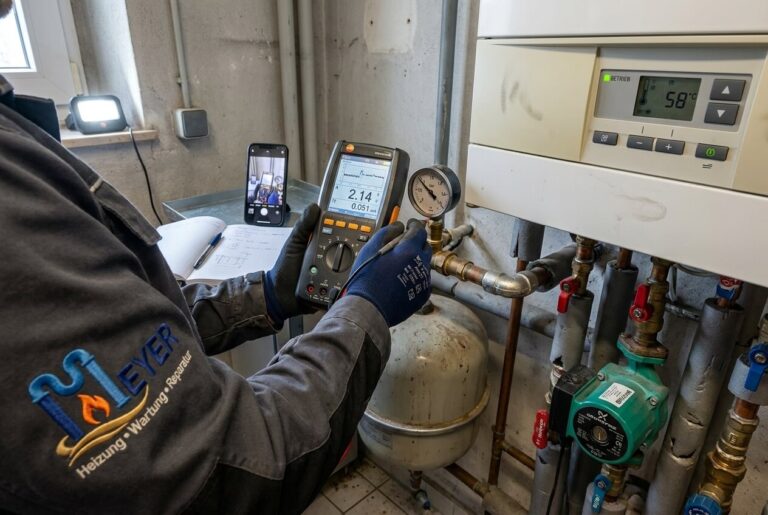Heizungsinstallateur misst Temperatur und Betriebswerte an Heizungsrohren